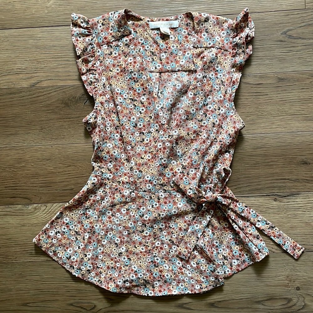 Fall floral faux wrap flutter sleeve blouse